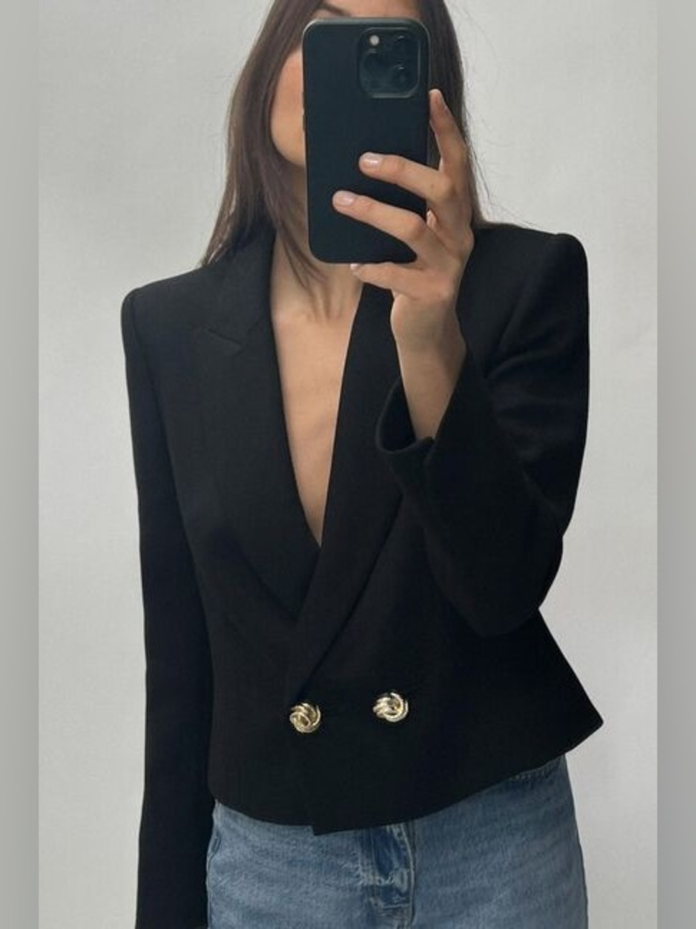 Zara Black Cropped Structured Shoulder Blazer